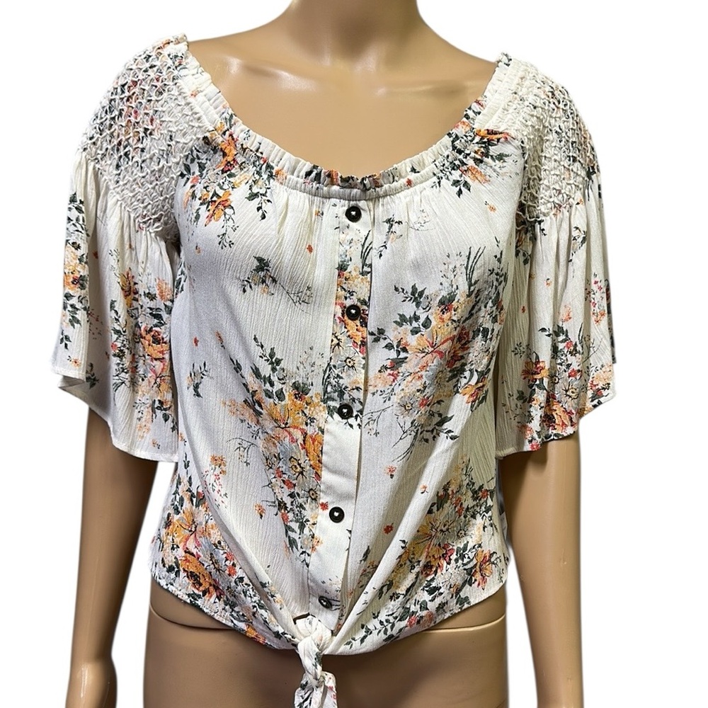 Jolt Lightweight Rayon Off Shoulder Tie Waist Cropped Floral Button Up Top M